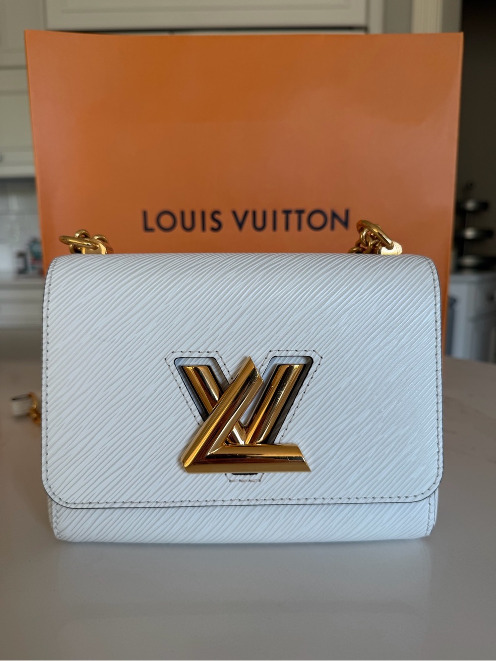 Louis Vuitton White Epi Leather Chain Crossbody with Gold Twist Lock